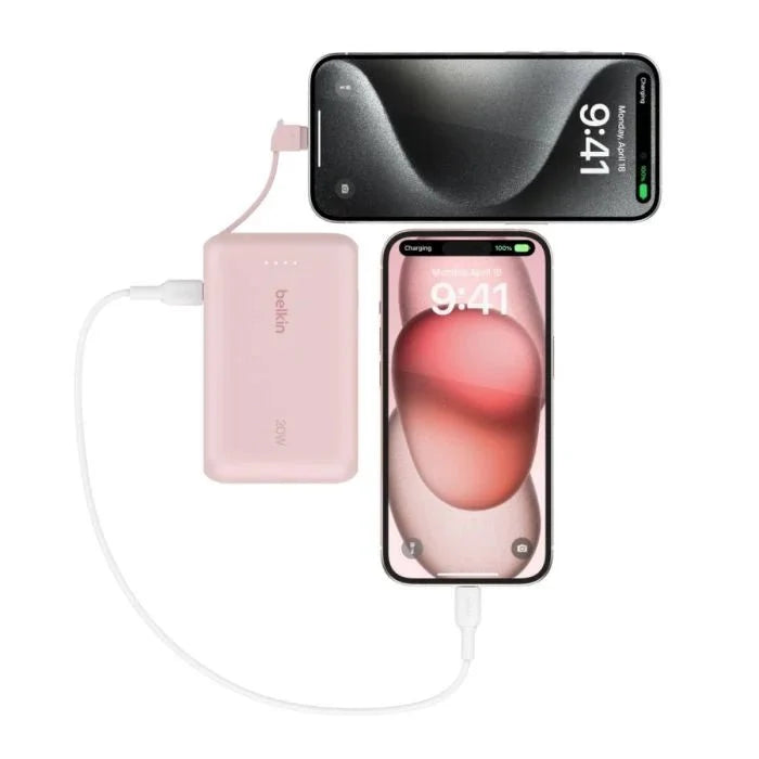 Belkin 10 000 mAh 20W Power Bank with USB - C Integrated Cable and USB - C port - Pink - Oraxxi