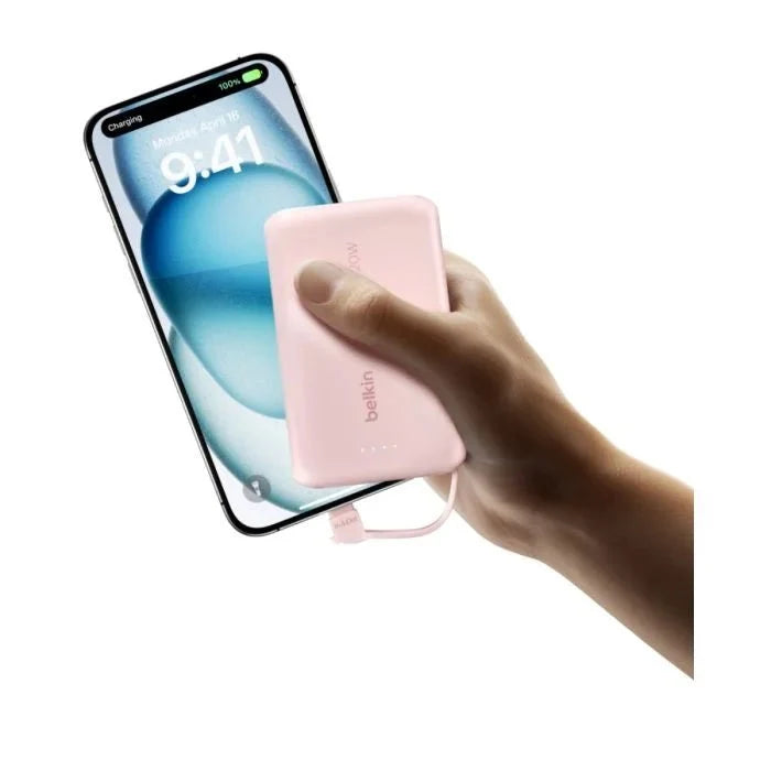 Belkin 10 000 mAh 20W Power Bank with USB - C Integrated Cable and USB - C port - Pink - Oraxxi
